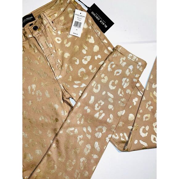 NWT $260 JUDE SKINNY JEANS BLACK ORCHID LOS ANGELES ANIMAL PRINT TAN & GOLD 28 - Picture 2 of 6